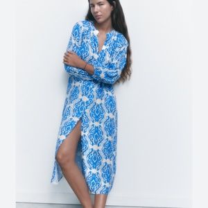 zara blue white printed midi dress